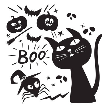 Cat Halloween with Pumpkin Jack Friends, Bats, Human Skull, Spider. Illustration, Cartoon, Vector