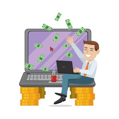 Business Man Working With A Computer. Success Person Sitting On Pile Of Gold Coin Money. illustration vector cartoon.