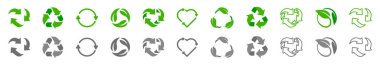 Geri dönüşüm işareti. Simgeler yeniden kullanılıyor. Geri dönüşüm simgesi seti. Tekrar kullan. Vektör illüstrasyonu.