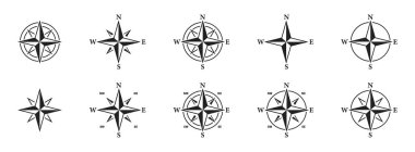 Pusula simgesi ayarlandı. Rüzgar gül ikonları seti. Pusula sembolü koleksiyonu. Vektör illüstrasyonu