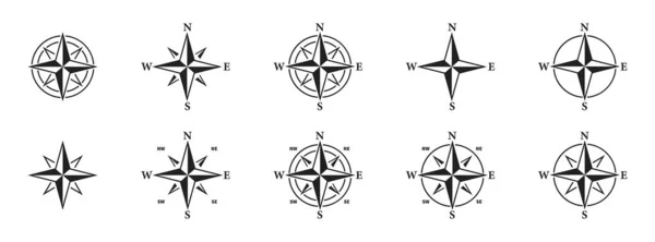 Sada Ikon Kompasu Sada Ikon Větrných Růží Sbírka Kompaktních Symbolů — Stockový vektor