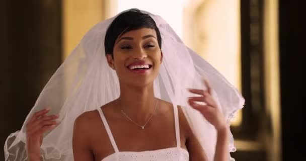 Happy Beautiful Bride Lifts Away Her Veil Portrait Black Woman — Stock Video