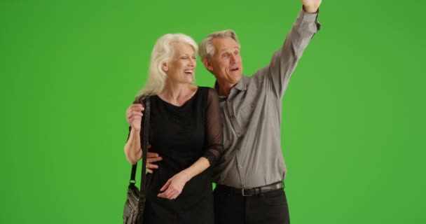 Couple Âgé Debout Essayant Obtenir Taxi Sur Écran Vert Sur — Video