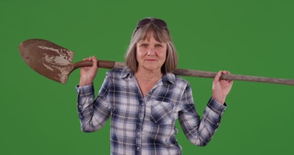 Charming Old Woman Carrying Shovel Front Greenscreen Studio Background Elderly — Stock Video