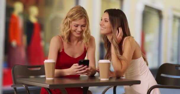 在意大利 漂亮的年轻女性一边在商店前闲聊一边看着智能手机 在罗马的意大利商店里 两名年轻女子穿着夏装参加社交活动 — 图库视频影像