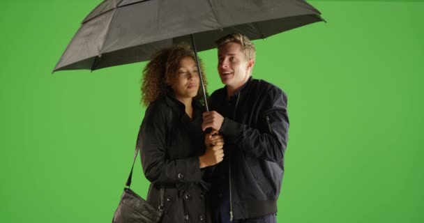 Heureux Jeune Couple Multi Ethnique Élégant Tenant Parapluie Alors Pleut — Video