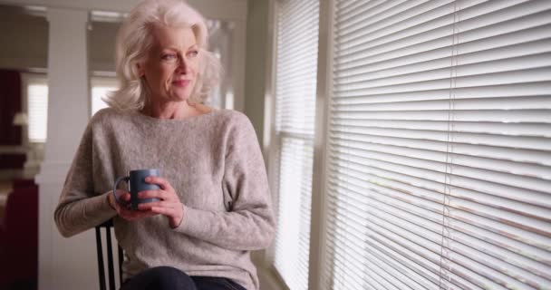 Portret Uroczej Starszej Kobiety Pijącej Kawę Siedzącej Przy Oknie Patrzącej — Wideo stockowe