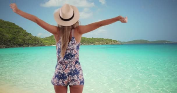 Rear View Stylish Woman Outstretched Arms Feeling Wind Tropical Beach — Stock Video