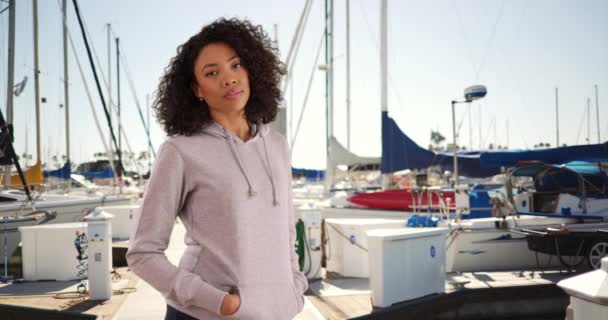 Portrait Attractive Black Female Breathing Salty Sea Air Boat Dock — Stock Video