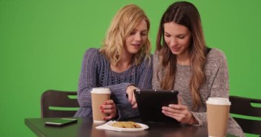 Yeşil ekranda oturup içki içen ve tablet bilgisayarını paylaşan iki güzel kız. Yeşil kromakey bileşimi için masada içki içerken portatif tablet kullanan iki çekici genç kadın. 4k