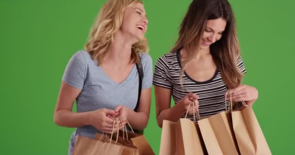 Portrait Two Beautiful Girls Looking Shopping Merchandise Enjoying Indoors Green — Stock Video