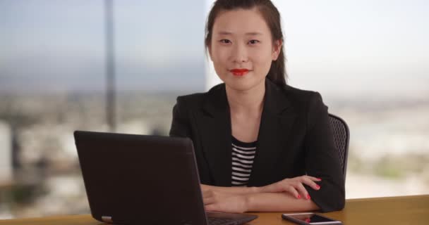 Portrait Female Asian Business Worker Sitting Table Laptop Mobile Device — Stock Video