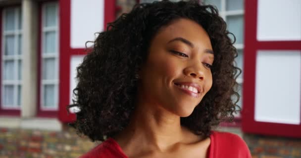 幸せな若いアフリカ系アメリカ人女性の魅力的な家の前で自分自身に笑みを浮かべて閉じます 風のように太陽の下に立つ黒人女性は髪を吹き ポジティブな思いをしながら微笑む — ストック動画