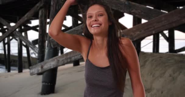 Beautiful Caucasian Girl Wearing Striped Tank Top Having Fun Beach — Stock Video