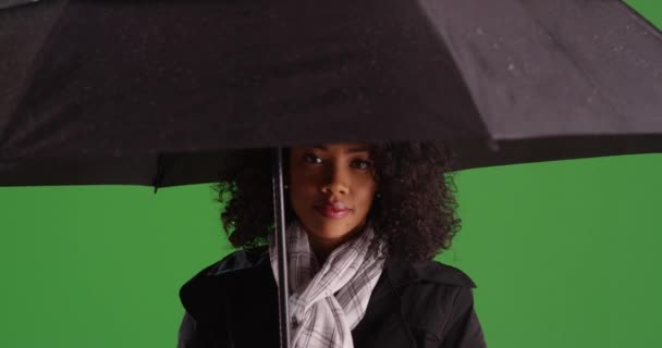 Vacker Afroamerikansk Kvinna Regnrock Svart Paraply Greenscreen Bakgrund Svart Millennial — Stockvideo