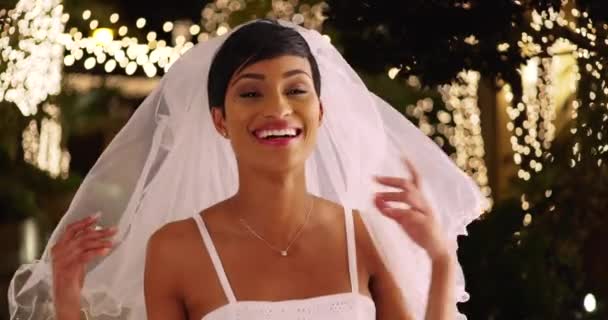 Portrait Beautiful Young Bride Lifting Veil Away Face Smiling Camera — Stock Video
