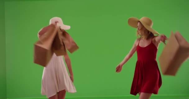 Alışveriş Torbaları Taşıyan Yeşil Ekranda Dönen Iki Çekici Kız Yeşil — Stok video