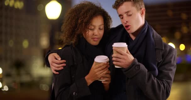 Close Portrait Couple Drinking Coffee Night — Stock Video