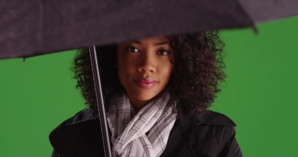 Mujer Bastante Afroamericana Impermeable Bajo Paraguas Negro Sobre Fondo Pantalla — Vídeos de Stock