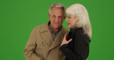 Yeşil ekranda gezinmeyi beklerken birbirini ısıtmak için kucaklayan tatlı yaşlı çift. Anahtar ya da birleşik olmak üzere yeşil ekranda.