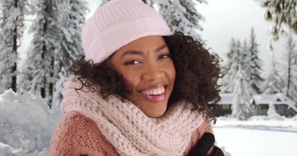 Close Cute African American Woman Shivering Snow Laughing Joyfully Close — Stock Video