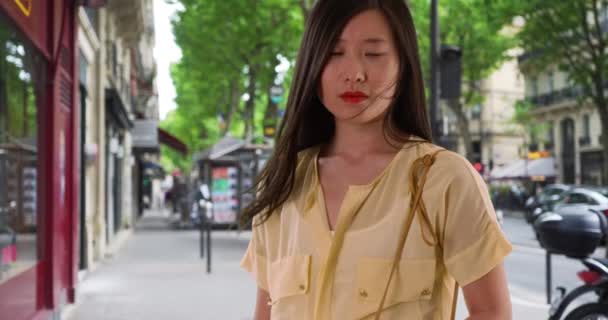 Ritratto Donna Cinese Piedi Sulla Ventosa Strada Parigi Che Guarda — Video Stock