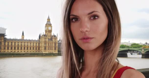Close Portrait Brunette Wind Blowing Hair Big Ben London Beautiful — Stock Video