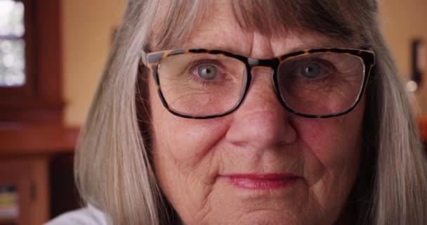 Close Old White Woman Prescription Glasses Staring Camera Indoors Tight — Stock Video