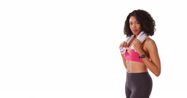 Portrait Cute Black Female Workout Clothes Holding Towel Neck White — Stock Video
