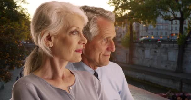 Widok Starszą Parę Wakacjach Paryżu Biali Mężczyźni Kobiety Podziwiają Sekwany — Wideo stockowe