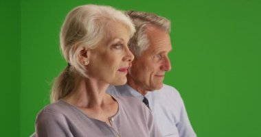 Evde oturmuş, yeşil ekrandan dışarı bakan yaşlı çiftin profil portresi. Anahtar ya da birleşik olmak üzere yeşil ekranda.