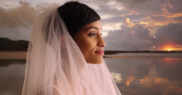 Seitliche Ansicht Der Wunderschönen Braut Strand Freudig Und Aufgeregt Schwarze — Stockvideo