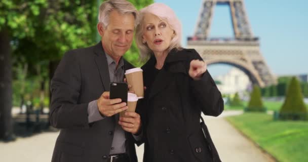 成熟した夫婦はパリで亡くなった スマホを使った白人男性と女性のポートレート — ストック動画