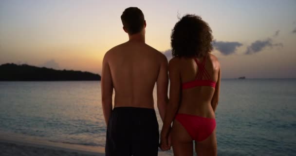 Portret Van Sex Tussen Verschillendre Rassen Paar Kijken Naar Zonsondergang — Stockvideo