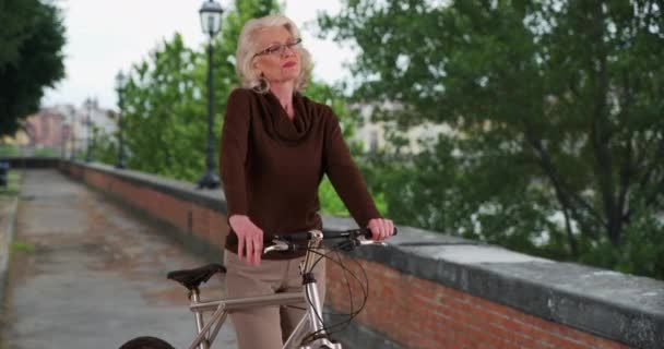 Femme Âgée Active Vélo Arrête Pour Admirer Vue Dans Ville — Video