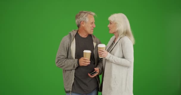Couple Âgé Parlant Buvant Café Parc Sur Écran Vert Sur — Video