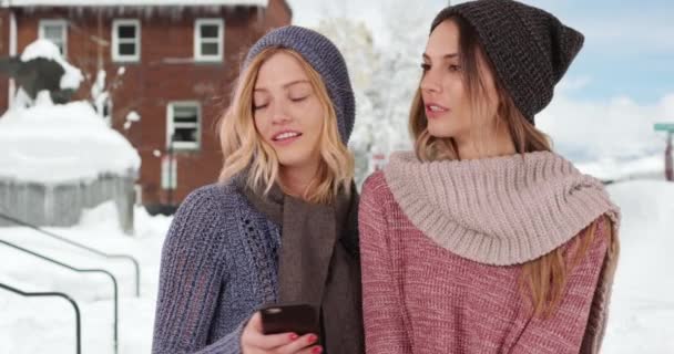 雪の街の外でスマートフォンを使って冬の服を着た2人の可愛い女の子 暖かい冬の服装の女性のカップルは屋外でソーシャルメディアを閲覧するスマートフォンを見ています — ストック動画
