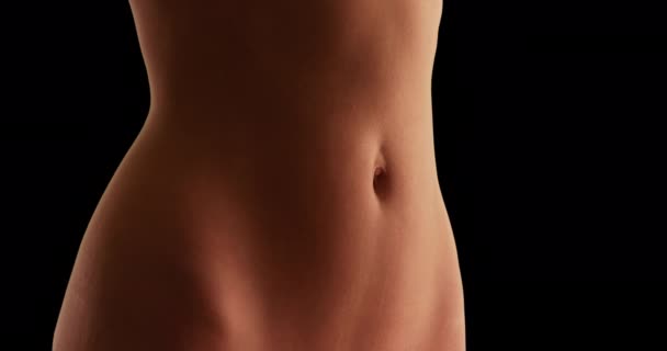 Close Young Caucasian Woman Flat Stomach Black Background Closeup White — Stock Video