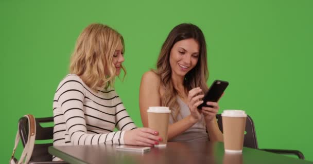 前の緑の画面を背景に自撮りをしてテーブルに座っている幸せなガールフレンドのカップルの肖像画 可愛い白い女の子たちがドリンクを片手にカフェテーブルに座り グリーンスクリーンで自撮り — ストック動画