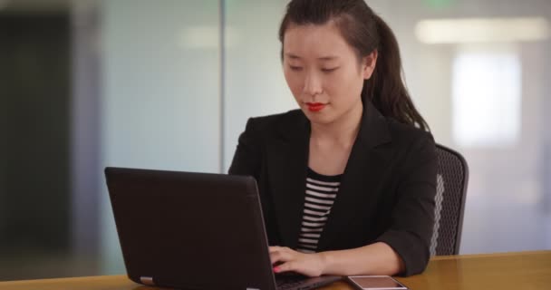 Portrait Millennial Businesswoman Typing Laptop Computer Office Workplace Closeup Brilliant — Stock Video