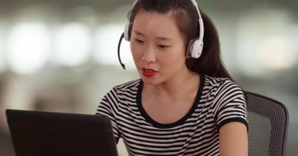 Millennial Sales Agent Communicating Client Using Microphone Headset Portrait Customer — Stock Video