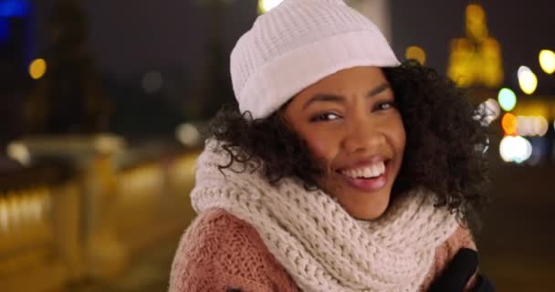 パリの休日に夜に暖かく保つためにセーターを着た黒人女性のクローズアップ 冬の間 フランスで休暇中の幸せなアフリカ系アメリカ人観光客は ポンアレクサンドル3世に立っています — ストック動画