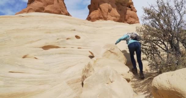健康的なシニア女性がシオンユタ州の岩の砂岩の峡谷の岩を登っています アウトドアをバックパッキングし 岩の形成をハイキングアクティブな高齢女性 — ストック動画
