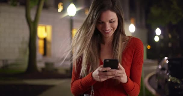 Millennial Woman Texting Smartphone Looking Happy Evening Caucasian Girl Her — Stock Video