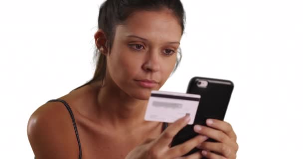 Close Pretty Caucasian Woman Using Mobile Phone Card Easy Online — Stock Video