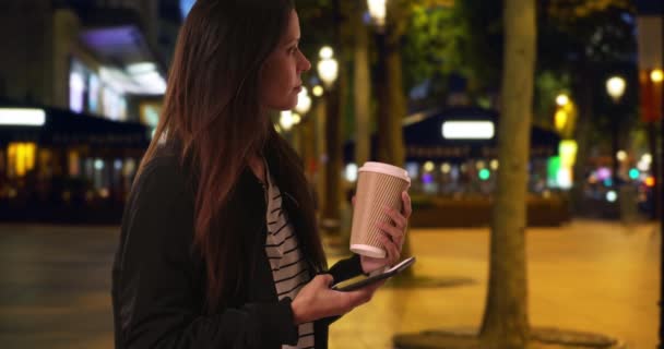 Hipster Girl Bomber Jacket Her Coffee Champs Elysees Text Messaging — Stock Video