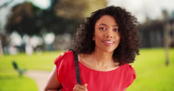 Mulher Afro Americana Parque Bonito Sorri Alegremente Para Câmera Ondas — Vídeo de Stock