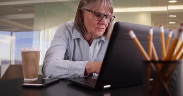 Modern Ofis Ortamında Dizüstü Bilgisayar Kullanan Mutlu Bir Yaşlı Kadın — Stok video