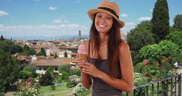 Happy Beautiful Caucasian Girl Florence Italy Holding Ice Cream Cone — Stock Video