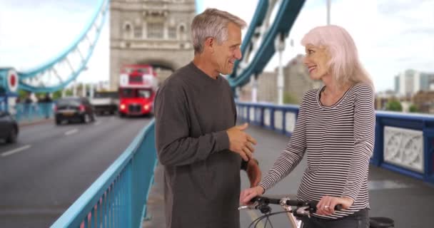 上級の見知らぬ人が話し合い お互いを知る 健康的で活発な高齢者が市内で屋外で話しています — ストック動画